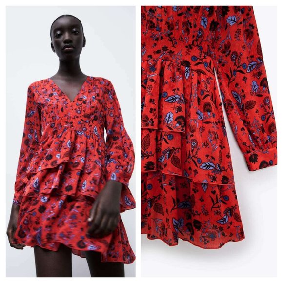 Zara Dresses & Skirts - ZARA RUFFLE RED FLORAL SHORT DRESS